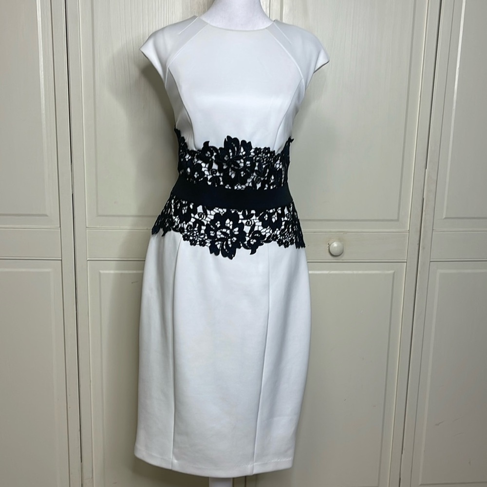 New York & Company Women’s White Sheath Dress Black Lace Accent Size Medium - Picture 1 of 12